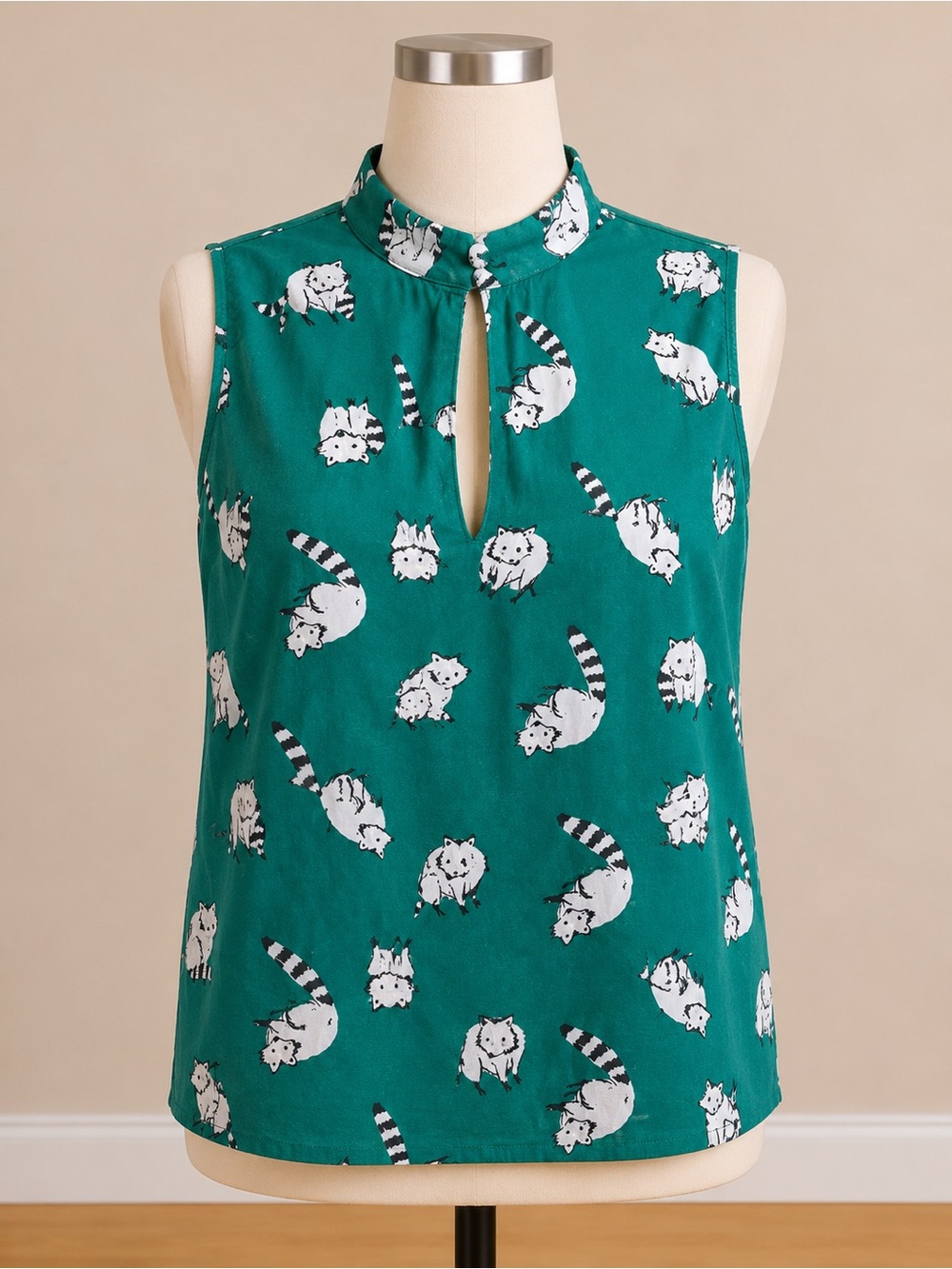ModCloth Teal Sleeveless Keyhole Blouse with White Raccoon Print